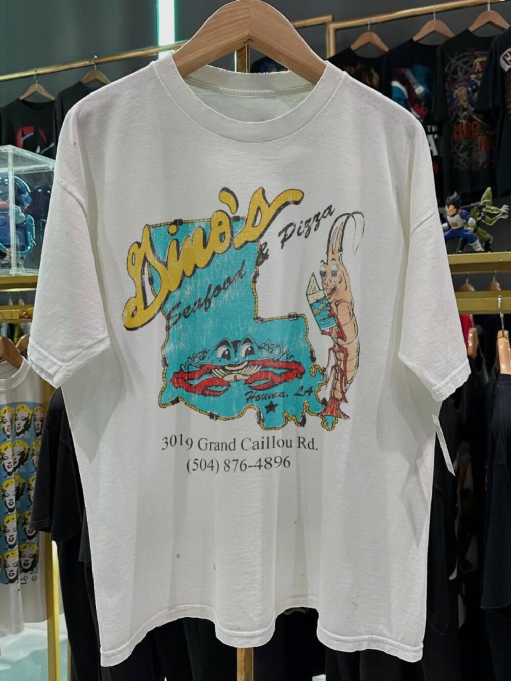 90S Dinos Seafood And Pizza Rare White T-Shirt
